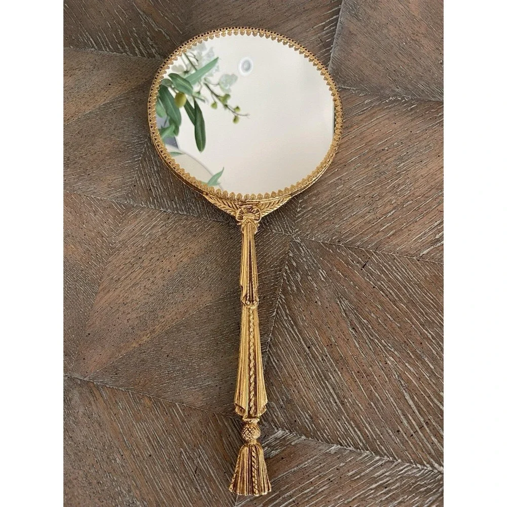 Vtg Matson Stylebuilt Hand Held Mirror 24 k Gold Tea Rose and Rope Tassel Design